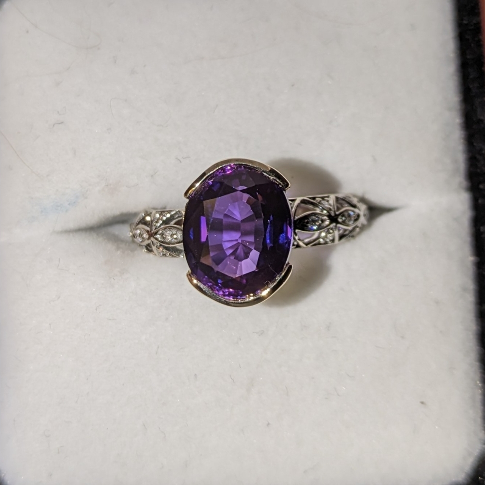 GORGEOUS 14k color change amethyst diamond oval bezel setting ring sz 7.5